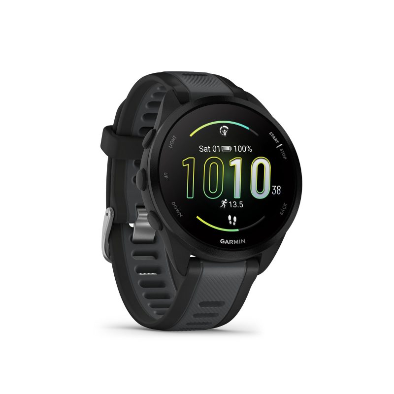 Front view of a Garmin Forerunner 165 Music Running Smartwatch in the Black/Slate Grey colourway (8186716520610)