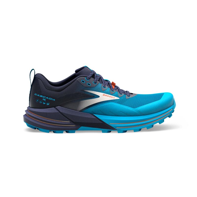 Right shoe lateral view of Brooks Men's Cascadia 16 Running Shoes in Blue (7709837852834)