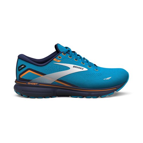 Lateral side of the right shoe from a pair of Brooks Men's Ghost 15 GORE-TEX Running Shoes in the Blue/Peacoat/orange colourway (7901065314466)