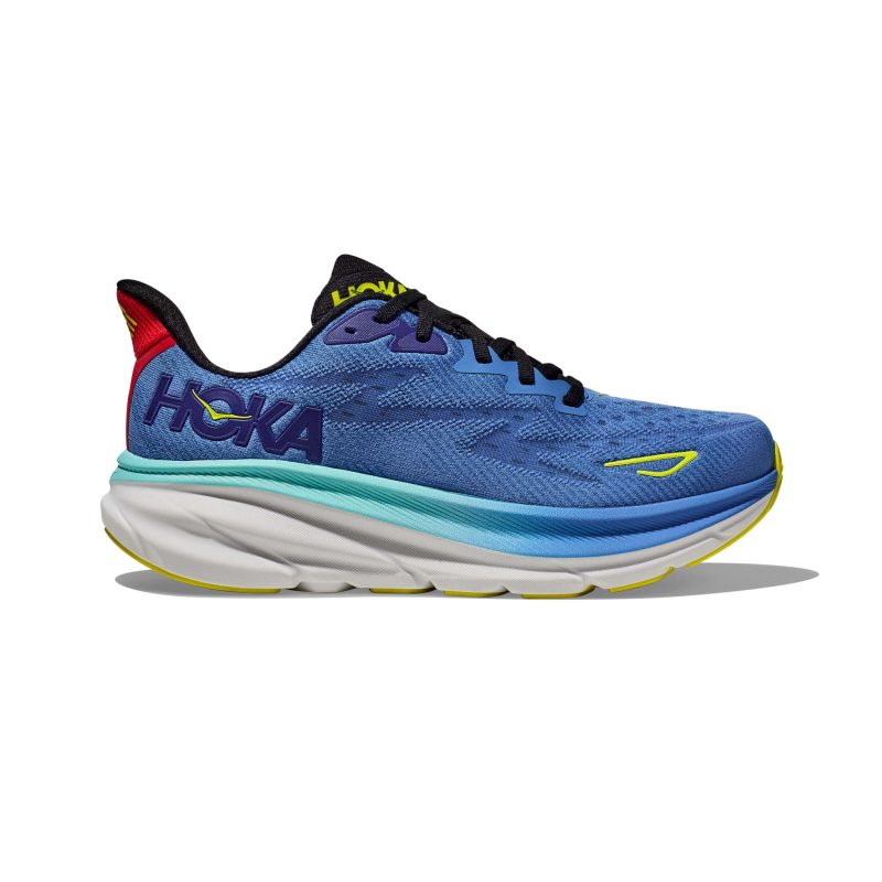 Lateral side of the right shoe from a pair of HOKA Men's Clifton 9 Running Shoes in the Virtual Blue/Cerise colourway (8144918020258)