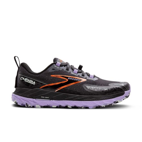 Lateral side of the right shoe from a pair of Brooks Women's Cascadia 18 Running Shoes in the Ebony/Sweet Lavender/Copper colourway (8406896476322)