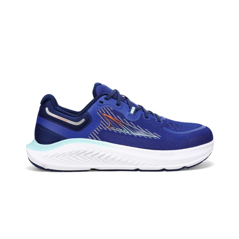 Lateral side of the right shoe from a pair of Altra Men's Paradigm 7 Running Shoes in the blue colourway (7980512116898)