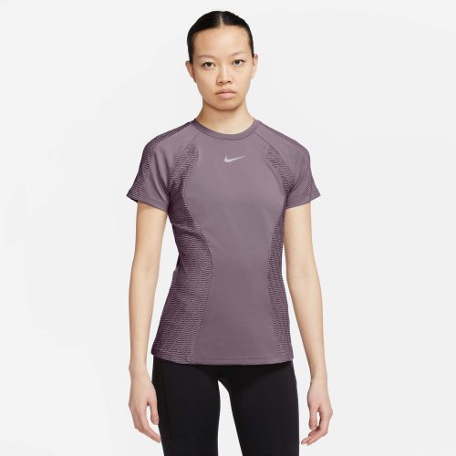 Front view of Nike Women's Dri-Fit ADV Run DVN SS Top in purple (7683344826530)