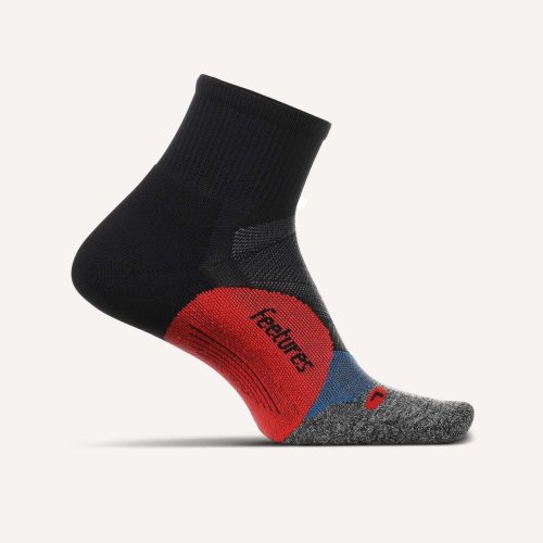 Medial side of the left sock from a pair of Feetures Unisex Elite Light Cushion Quarter Running Socks (7520336543906)