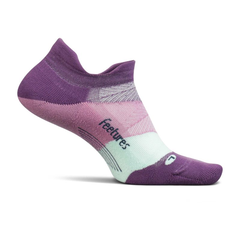 Medial side of the left sock from a pair of Feetures Unisex Elite Light Cushion No Show Tab Socks in the Peak Purple colourway (8025129812130)