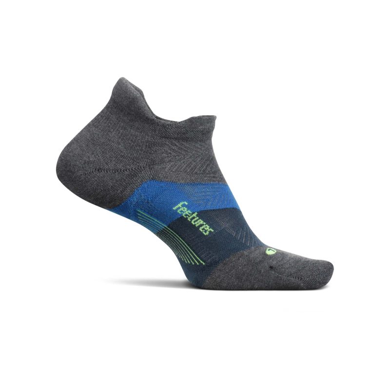 Medial side of the left sock from a pair of Feetures Unisex Elite Max Cushion No Show Tab Running Socks in the Gravity Gray colourway (8025229623458)