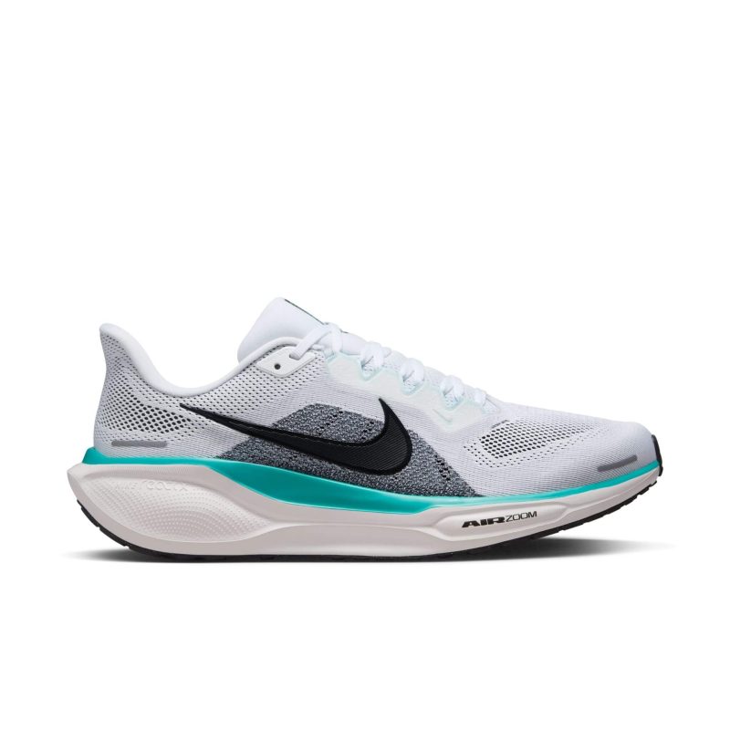 Lateral side of the right shoe from a pair of Nike Men's Pegasus 41 Road Running Shoes in the White/Black-Dusty Cactus-Glacier Blue colourway (8357790384290)