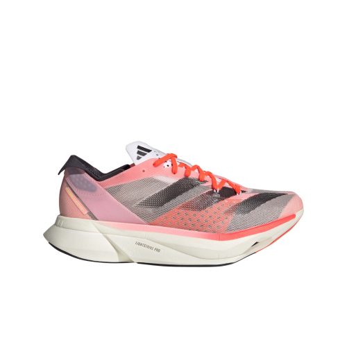 Lateral side of the right shoe from a pair of adidas Women's Adizero Adios Pro 3 Running Shoes in the Pink Spark/Aurora Met./Sandy Pink colourway (8339206144162)