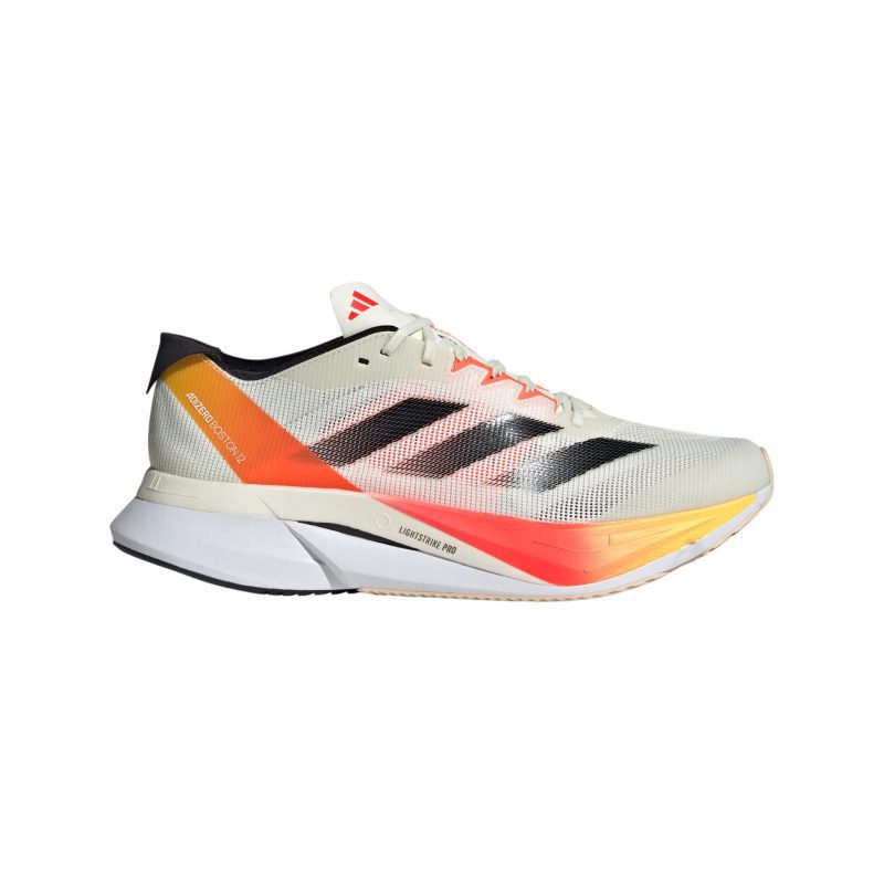 Lateral side of the right shoe from a pair of adidas Men's Adizero Boston 12 Running Shoes in the Ivory/Core Black/Solar Red colourway (8192161939618)