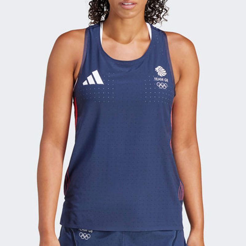 IS3561 W adidas Team GB Adizero Running Tank Top Front detail on model