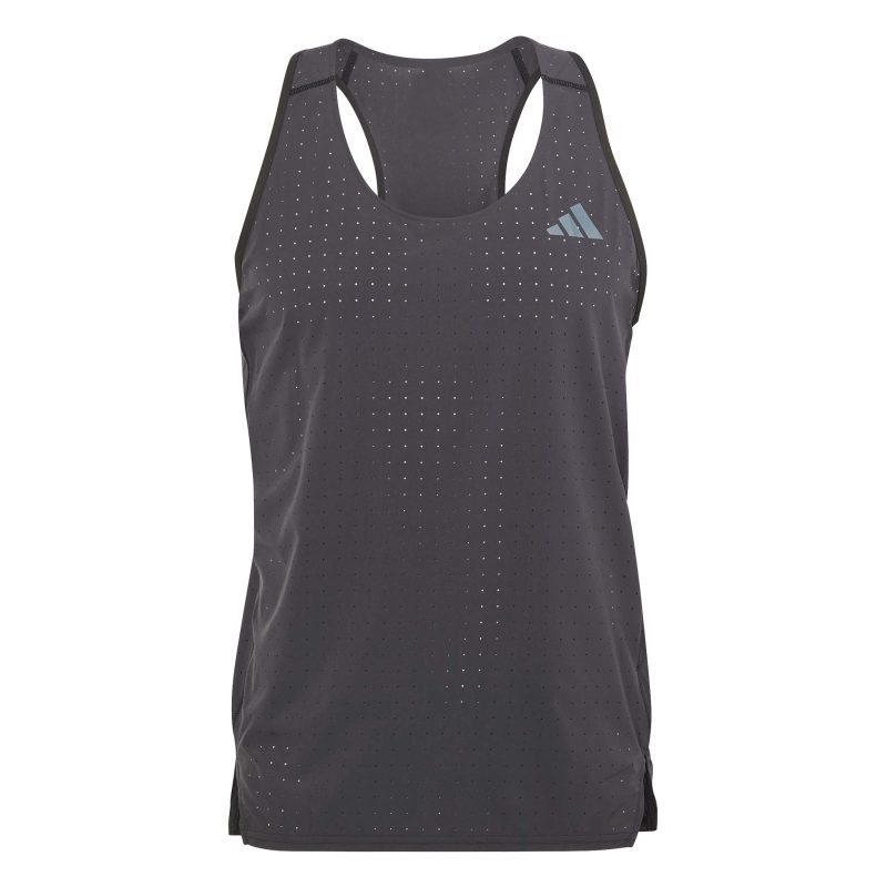 Front view of an adidas Men's Adizero Running Singlet in the black colourway (8449537147042)