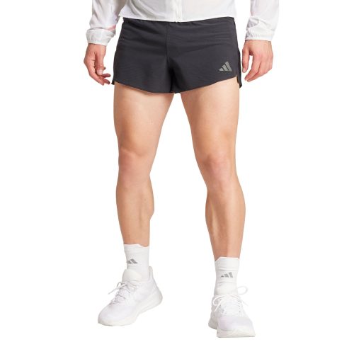 Front view of a model wearing the adidas Men's Adizero Running Gel Short in the black colourway. Model is also wearing a top, socks and shoes. (8449511850146)