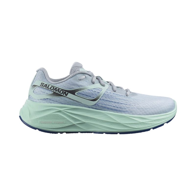 Lateral side of the right shoe from a pair of Salomon Women's Aero Glide 2 Running Shoes in the Pearl Blue/Yucca/Clematis Blue colourway (7772908159138)