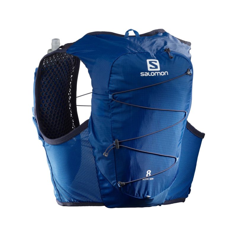 Back view of unisex salomon active skin 8 set in blue (7518296211618)