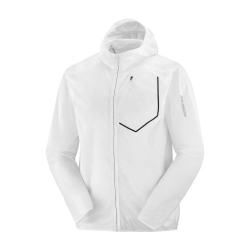 Front view of a Salomon Unisex Bonatti Aero Wind Jacket, in the White/Deep Black colourway (7889368514722)