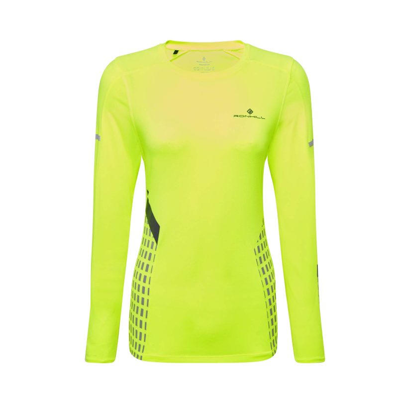 Front view of a Ronhill Women's Tech Afterhours L/S Tee in the Fluo Yellow/Deep Lagoon/Reflect colourway. (8023196041378)