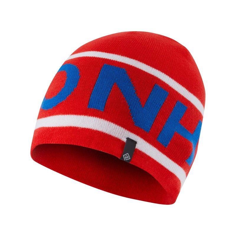 Front angled view of Ronhill Unisex Tribe Beanie in red (7601371676834)