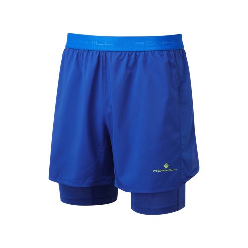 Front view of a Ronhill Men's Tech 5" Twin Short in the Ocean/Citrus colourway (8159271944354)