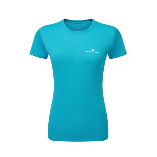 Front view of a Ronhill Women's Core S/S Tee in the Azure/Bright White colourway (8159237177506)