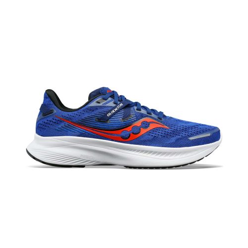 Lateral side of the right shoe from a pair of Saucony Men's Guide 16 Running Shoes in the Indigo/Black colourway (7990998139042)