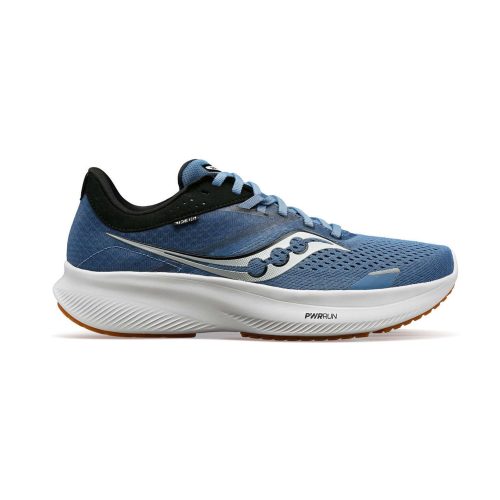 Lateral side of the right shoe from a pair of Saucony Men's Ride 16 Running Shoes in the Murk/Black colourway (7996726837410)