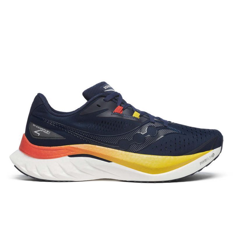 Lateral side of the right shoe from a pair of Saucony Men's Endorphin Speed 4 Running Shoes in the Navy/Spice colourway (8401762189474)